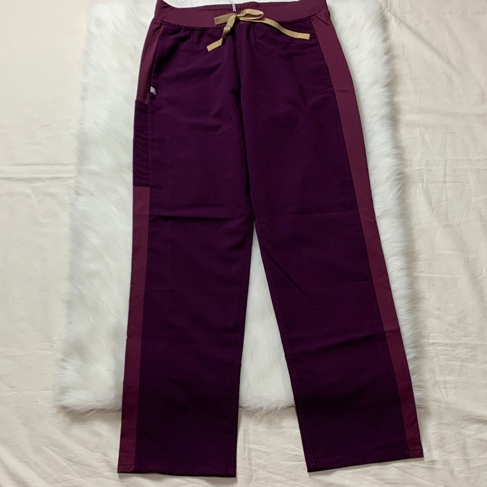 Figs Deep Purple Livingston Paneled Classic Scrubs Pants with Tan Drawstring